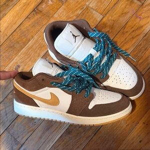 Nike Air Jordan 1 Low “Cacao Wow” Brown and White Sneakers with Blue Laces